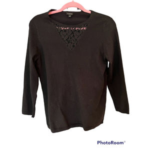 TALBOTS Womens Size M Medium Black 3/4 Sleeve Round Neck Pullover Sweater Lace